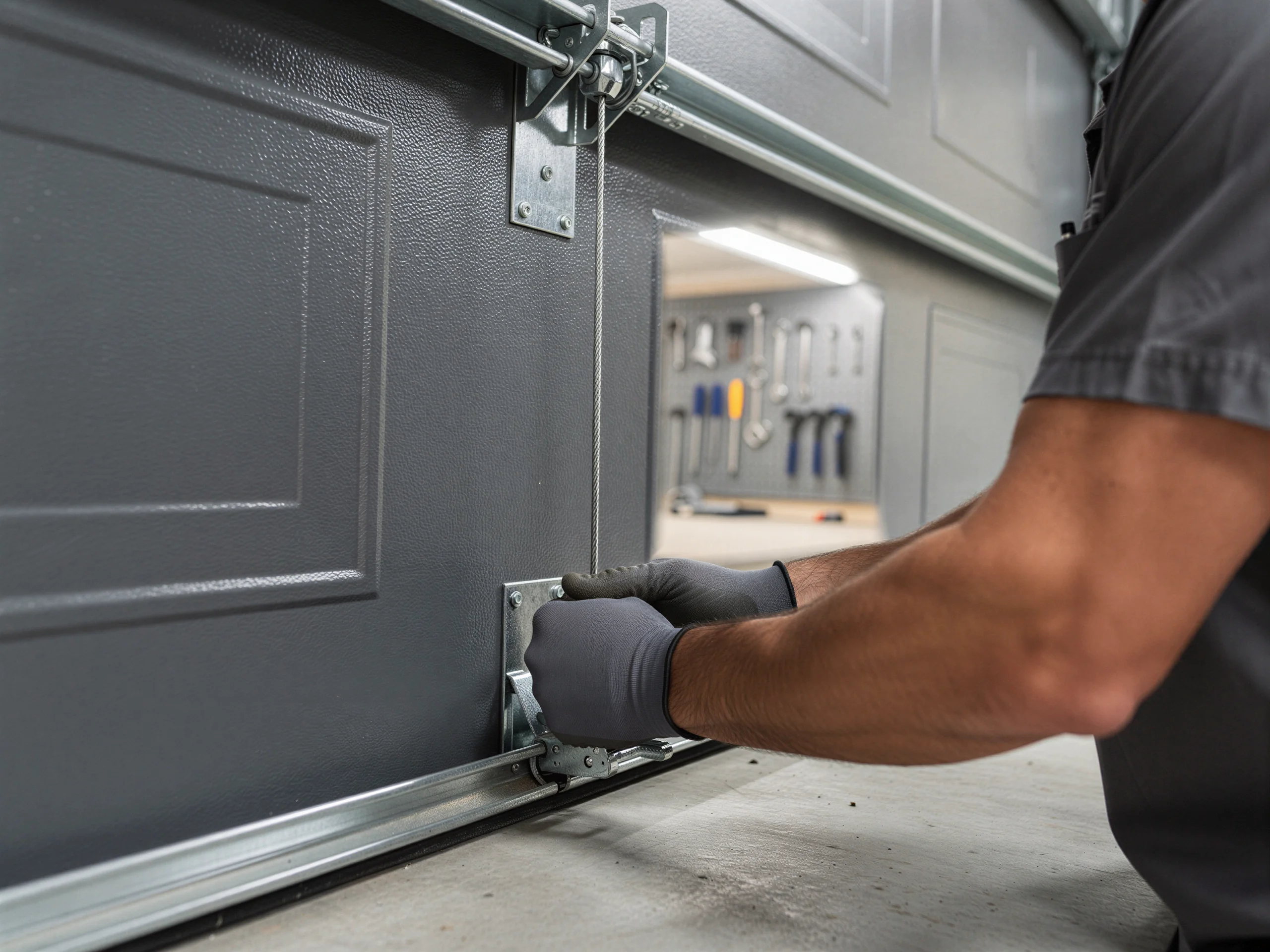 A technician in gray gloves works on the bottom of a gray garage door.