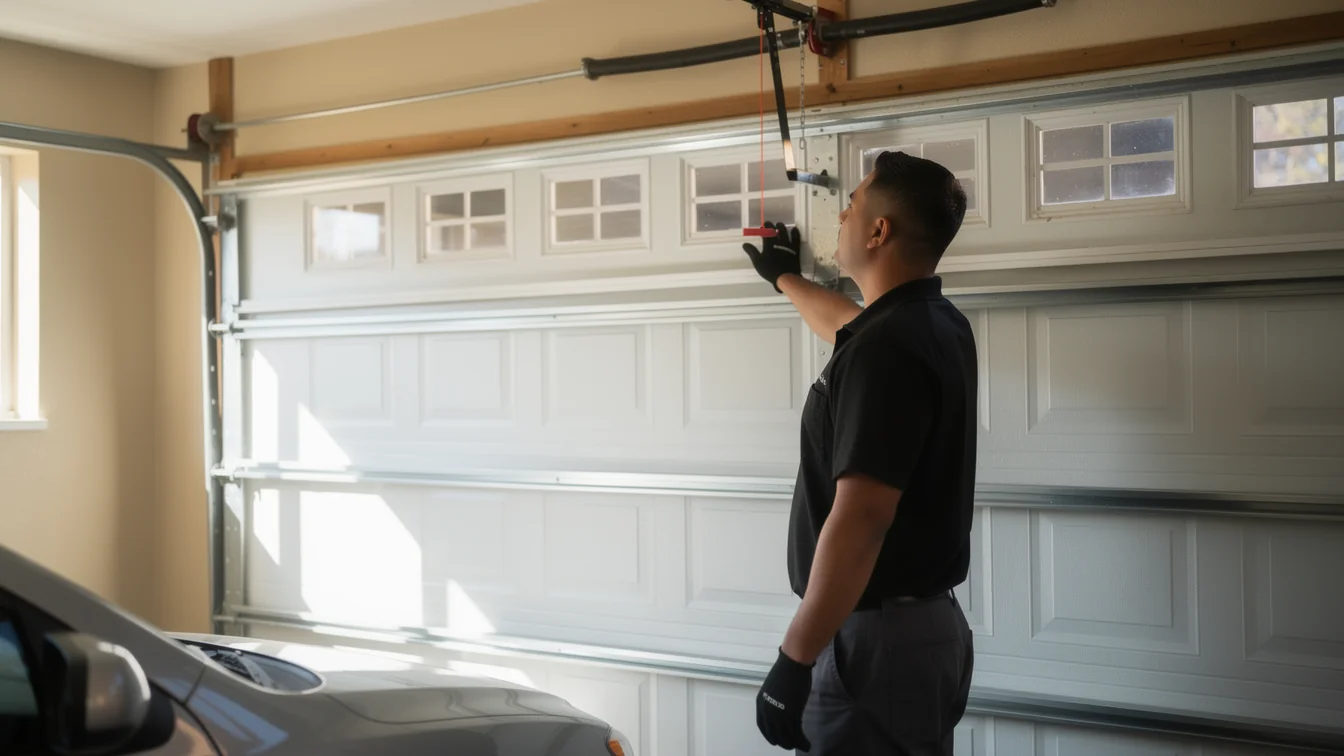 A technician in a black shirt and gloves adjusts a white garage door.