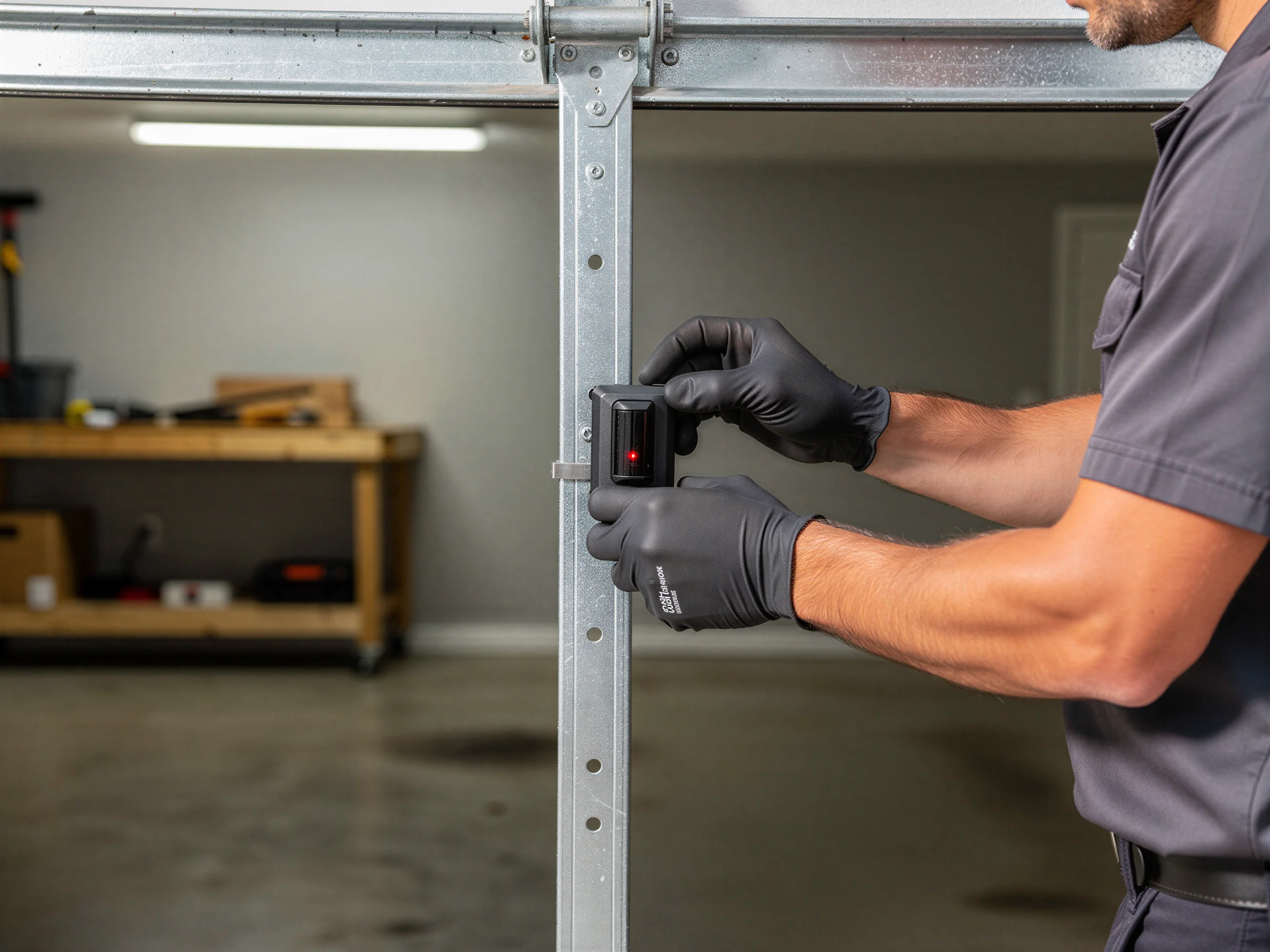A technician in black gloves adjusts a safety sensor on a garage door track.