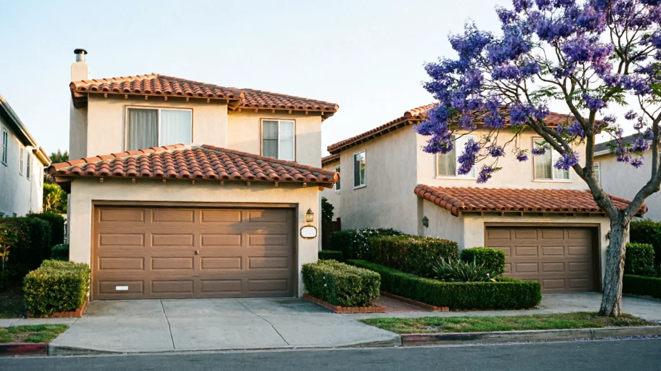 Two houses with brown garage doors and red tile roofs stand on a street.