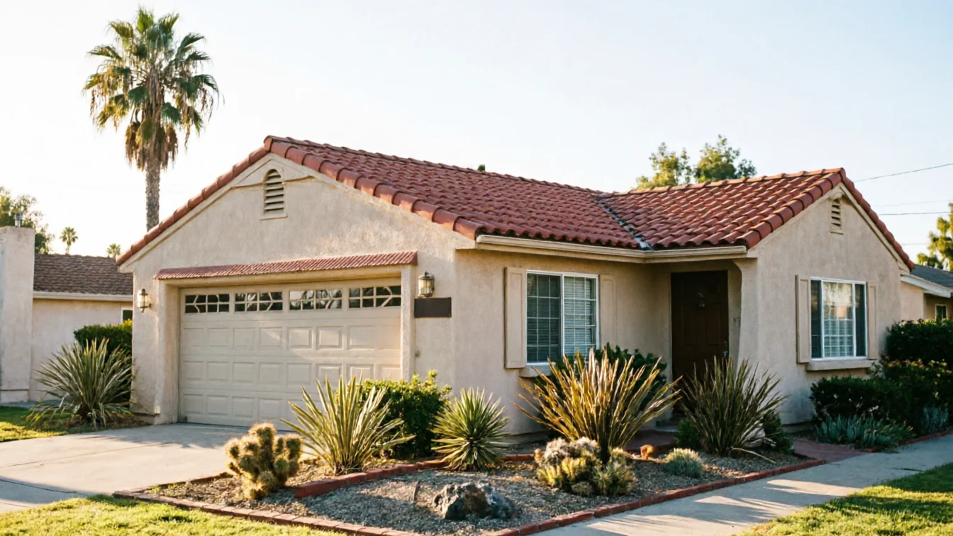 A beige house with a red tile roof and a tan garage door.